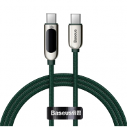 Baseus CATSK-B06 Display Cable USB-C to Type-C 100W 5A PD 2.0 Nylon Braided 100cm Green Silver, zaļš sudrabains datu uzlādes kabelis LCD displejs uzlādes indikators 1m