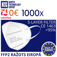 FFP2 (made in Europe) Non-powered 5-layers 95% air-purifying particulate respirator, conforms to EN149+A1:2010 Standard, white, 1000pcs, price for 1pcs. (set price 230 EUR)