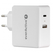 everActive SC-600Q 1x USB QC3.0 1x USB-C PD 63W Wall Charger Power Adapter, sienas strāvas adapteris tīkla lādētājs, balts